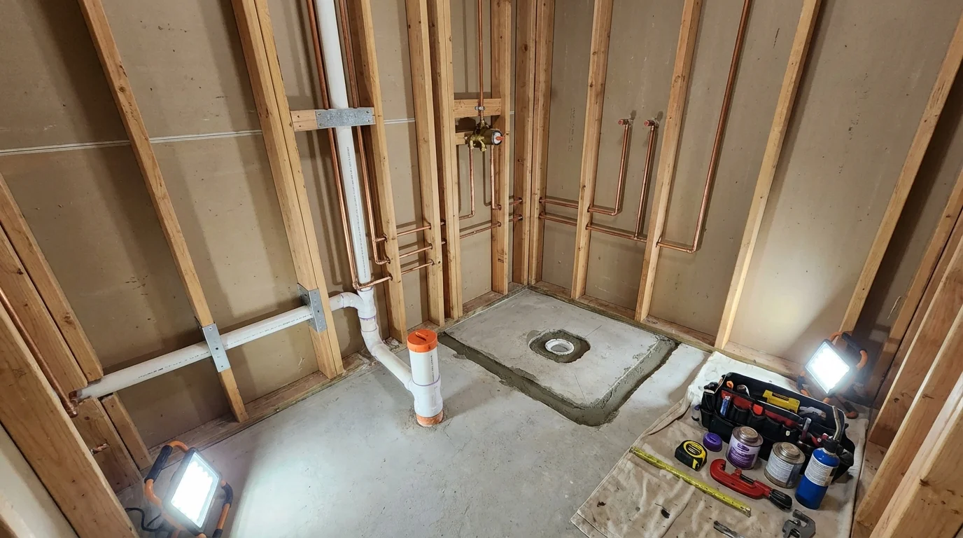 Bathroom rough-in plumbing during remodel by Johns Plumbing LLC in Wallington