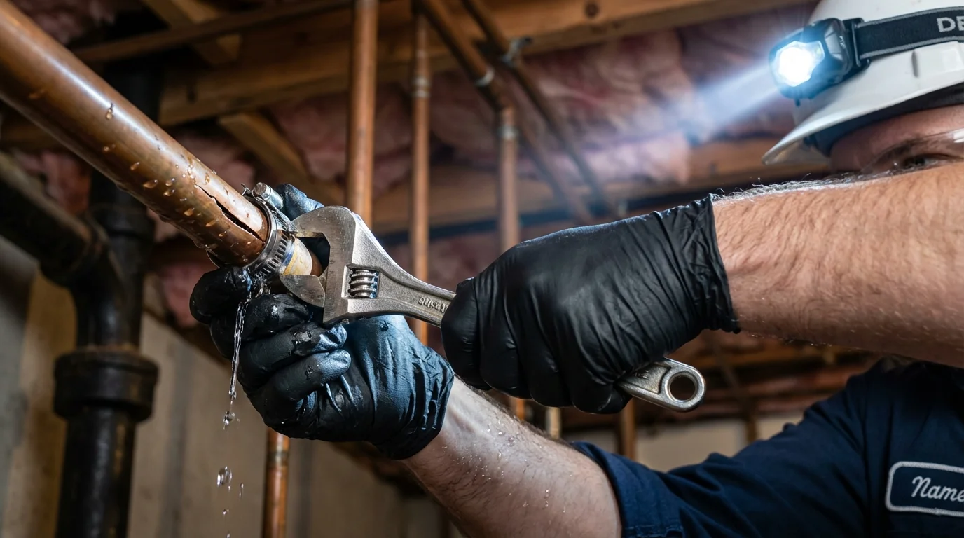 Emergency pipe clamp repair being performed by a Johns Plumbing LLC plumber in Wallington