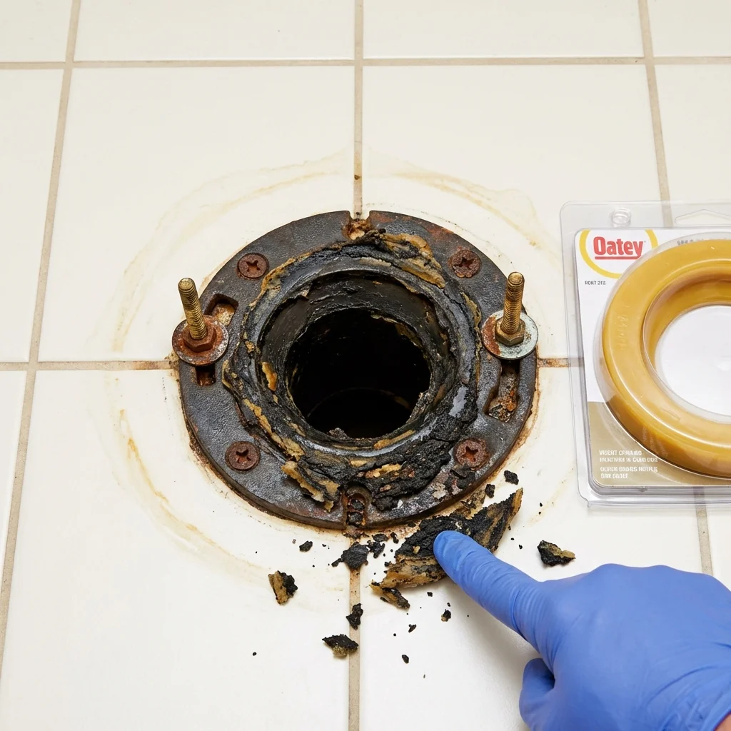 Failed wax ring showing water seepage at the base of a toilet in a Wallington, NJ home